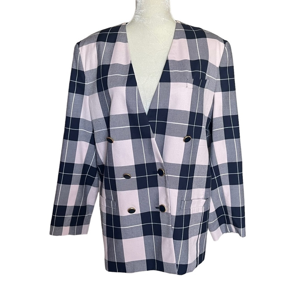 Vintage Worthington Pink Blue Plaid Check Double Breasted Blazer Women’s Size 16